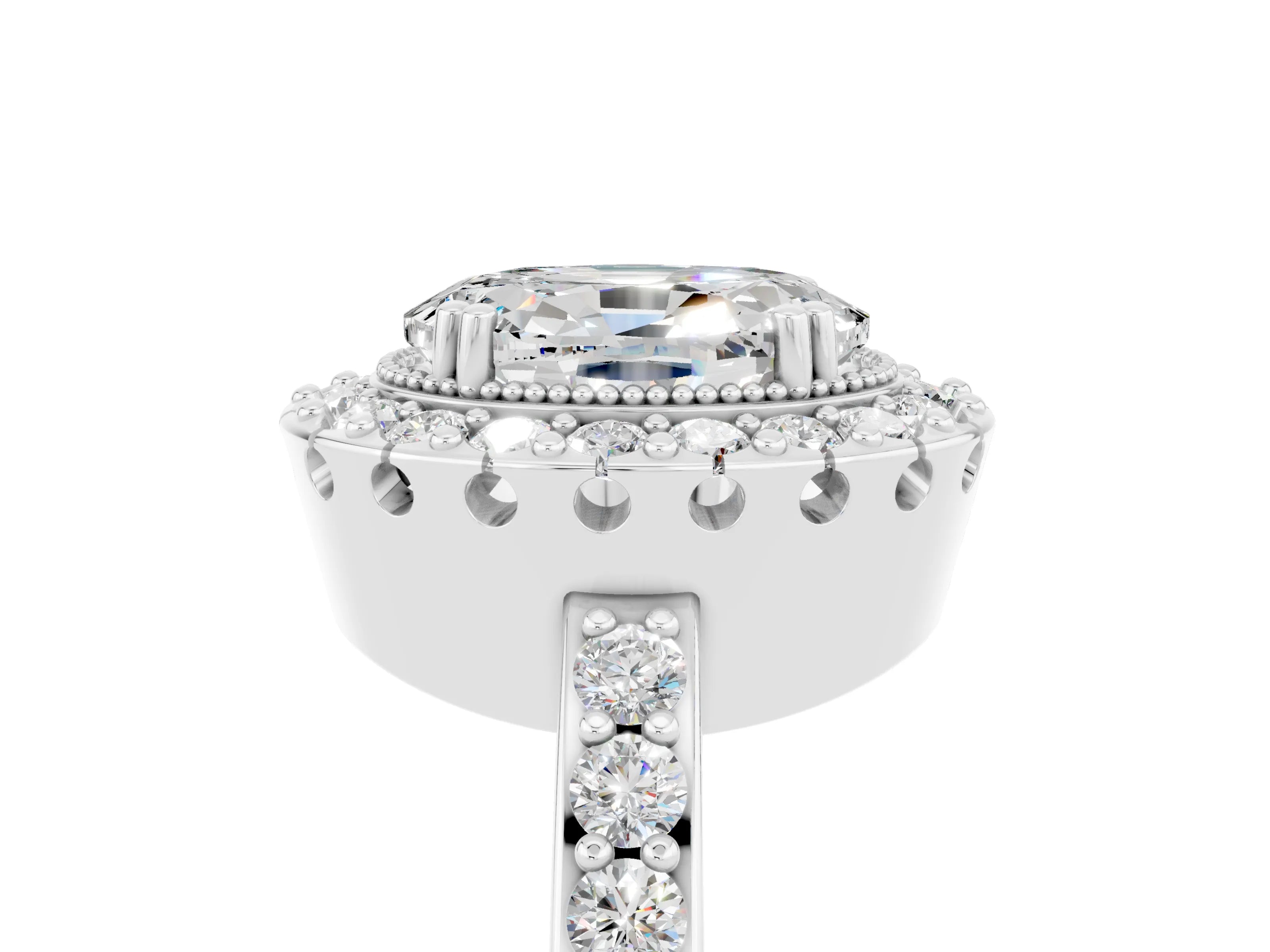 White gold Oval Cut Diamond Halo Ring with Pavé Band and Prong Setting_5