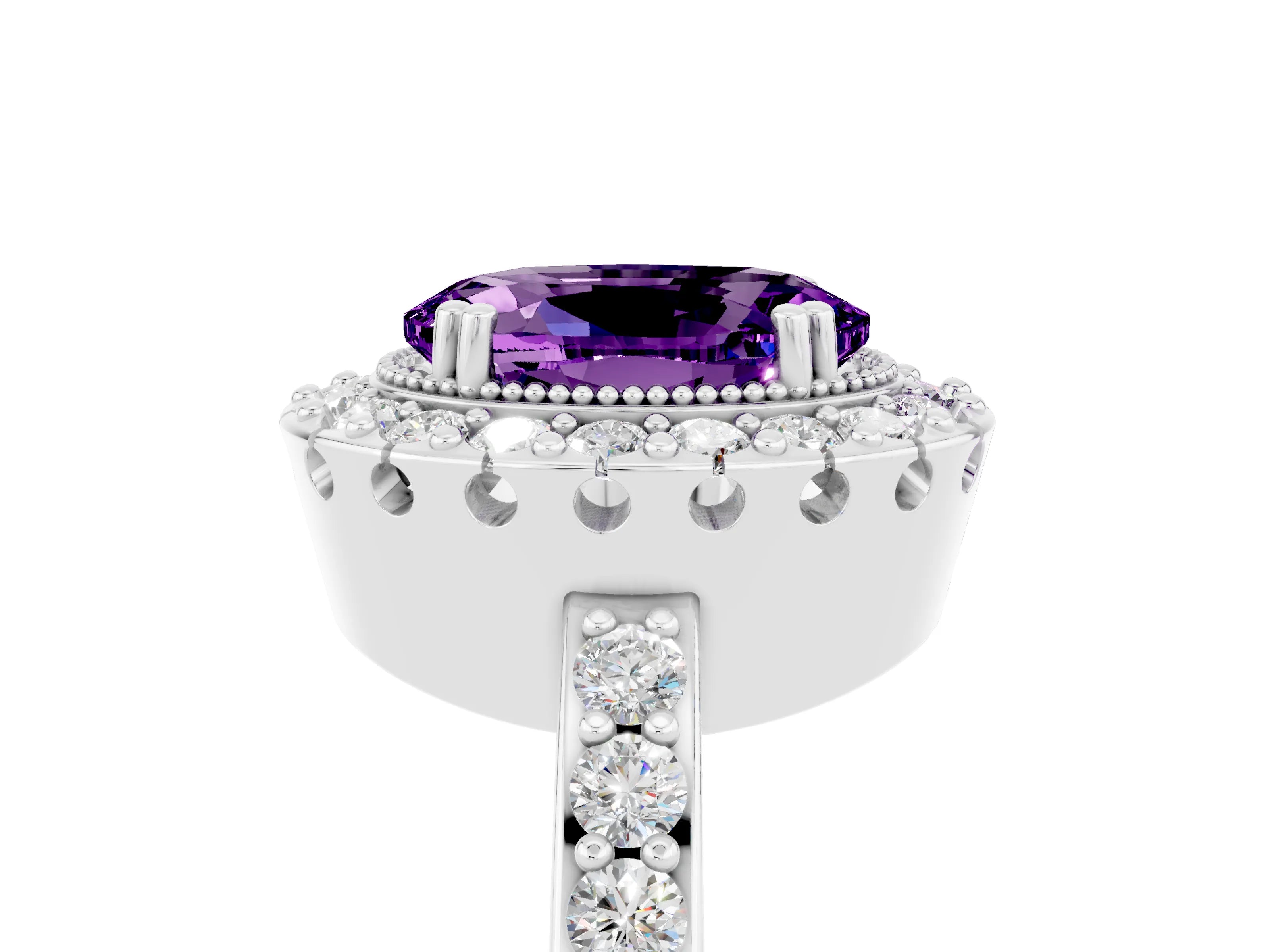White gold Oval Cut Diamond Halo Ring with Pavé Band and Prong Setting_5