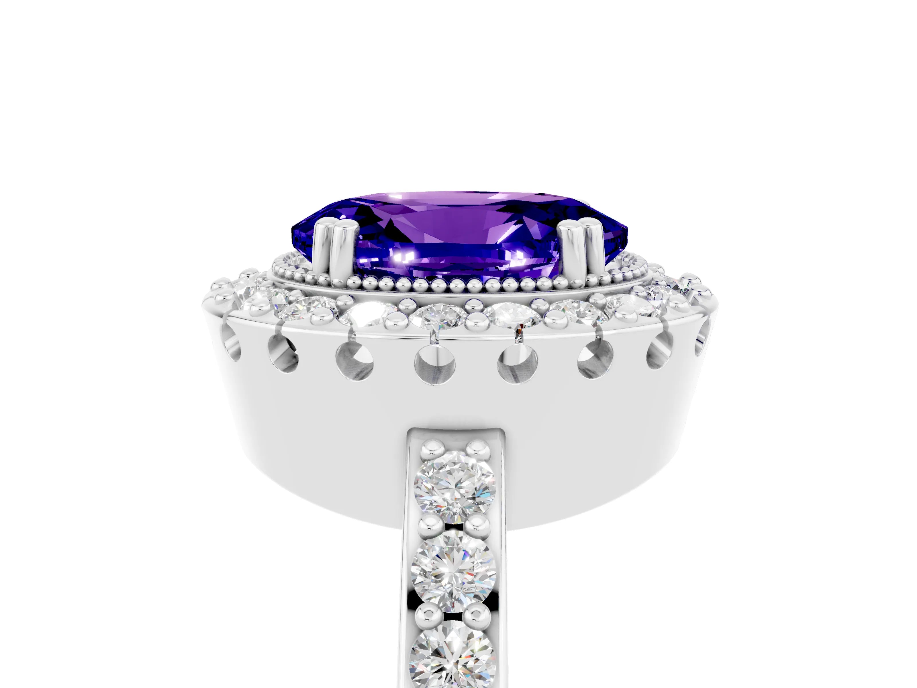 White gold Oval Cut Diamond Halo Ring with Pavé Band and Prong Setting_5