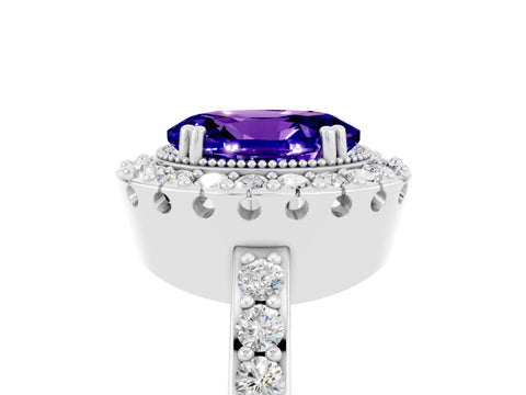 White gold Oval Cut Diamond Halo Ring with Pavé Band and Prong Setting_5
