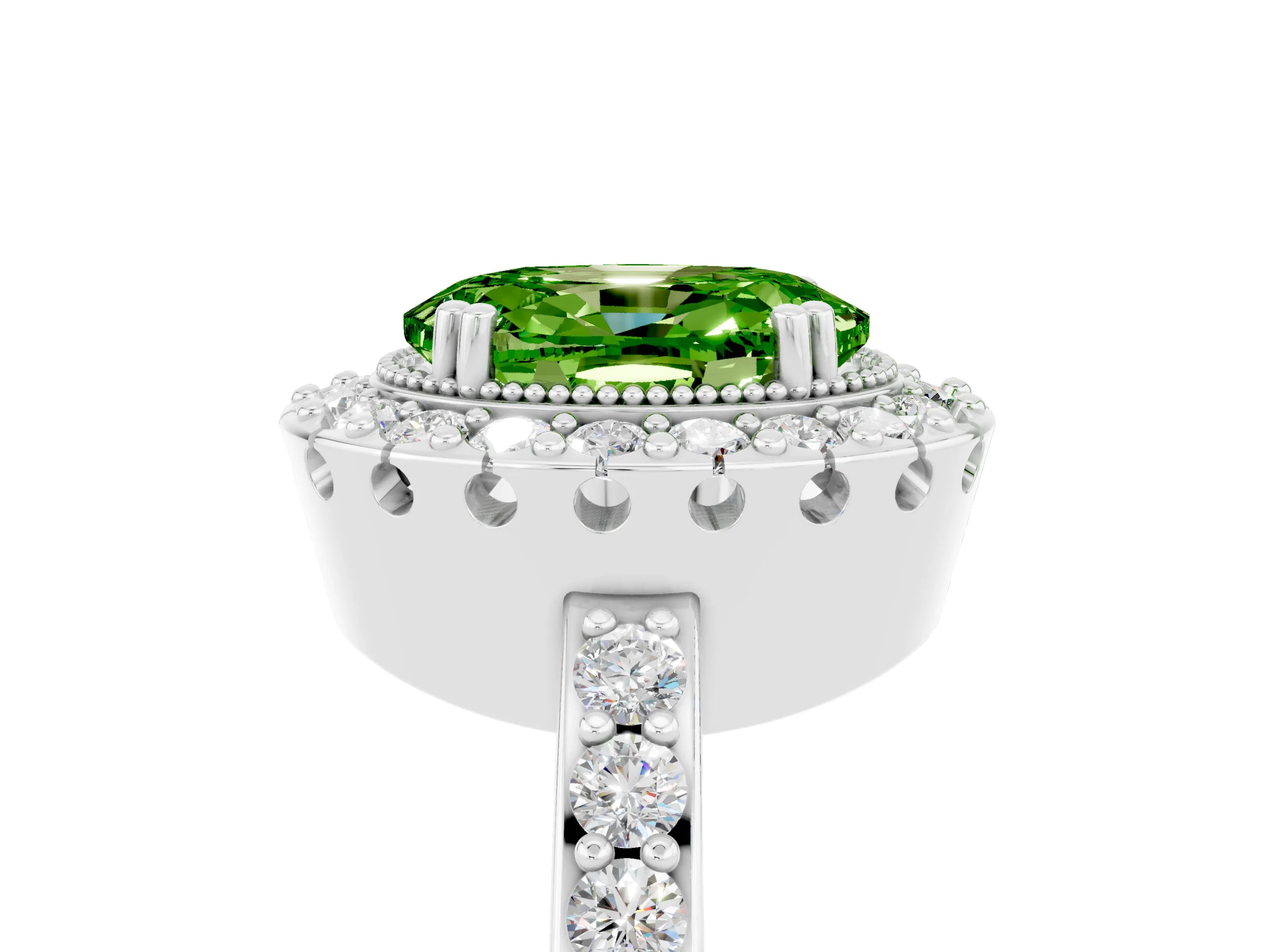White gold Oval Cut Diamond Halo Ring with Pavé Band and Prong Setting_5