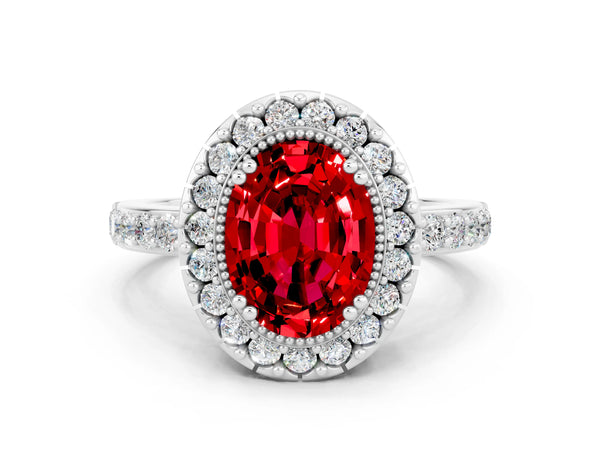 White gold Oval Cut Ruby Halo Ring with Pavé Band and Prong Setting