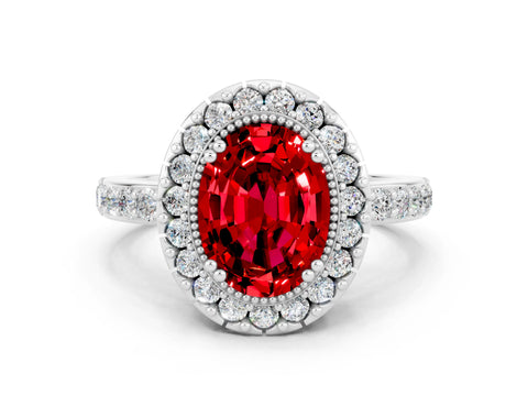 White gold Oval Cut Diamond Halo Ring with Pavé Band and Prong Setting
