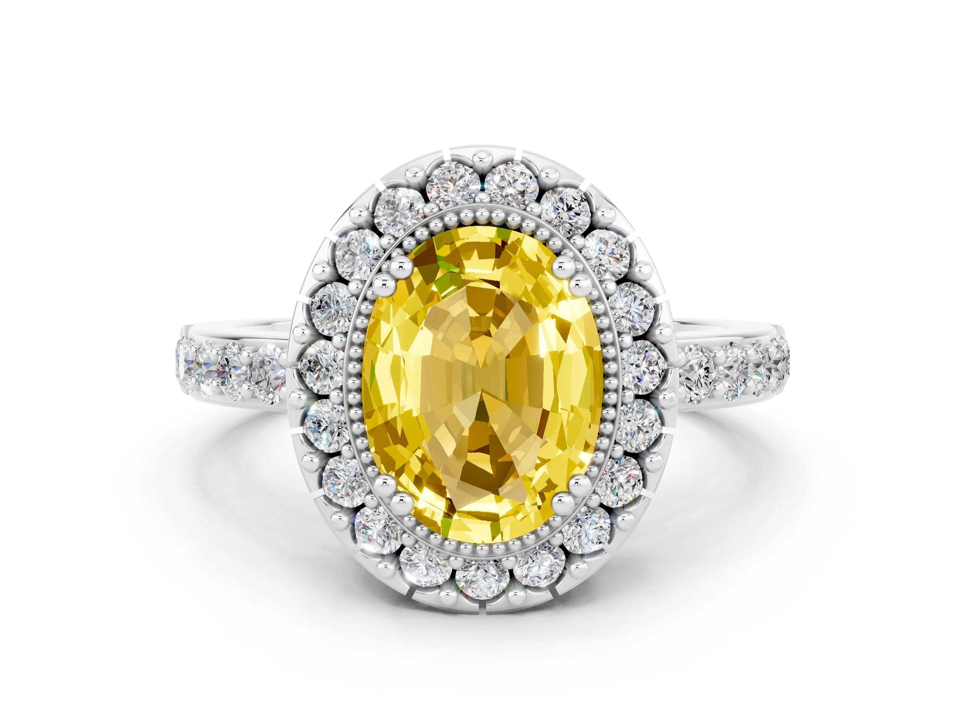 White gold Oval Cut Diamond Halo Ring with Pavé Band and Prong Setting