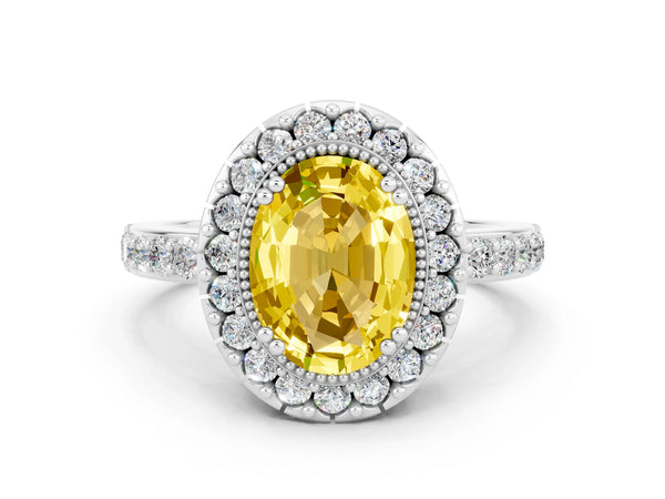 Platinum Oval Cut Yellow Sapphire Halo Ring with Pavé Band and Prong Setting
