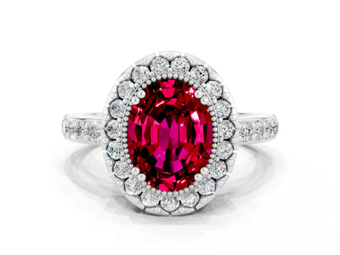 White gold Oval Cut Diamond Halo Ring with Pavé Band and Prong Setting