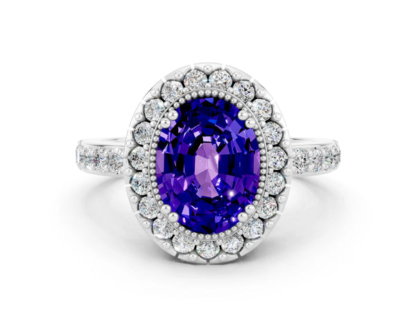 Platinum Oval Cut Tanzanite Halo Ring with Pavé Band and Prong Setting