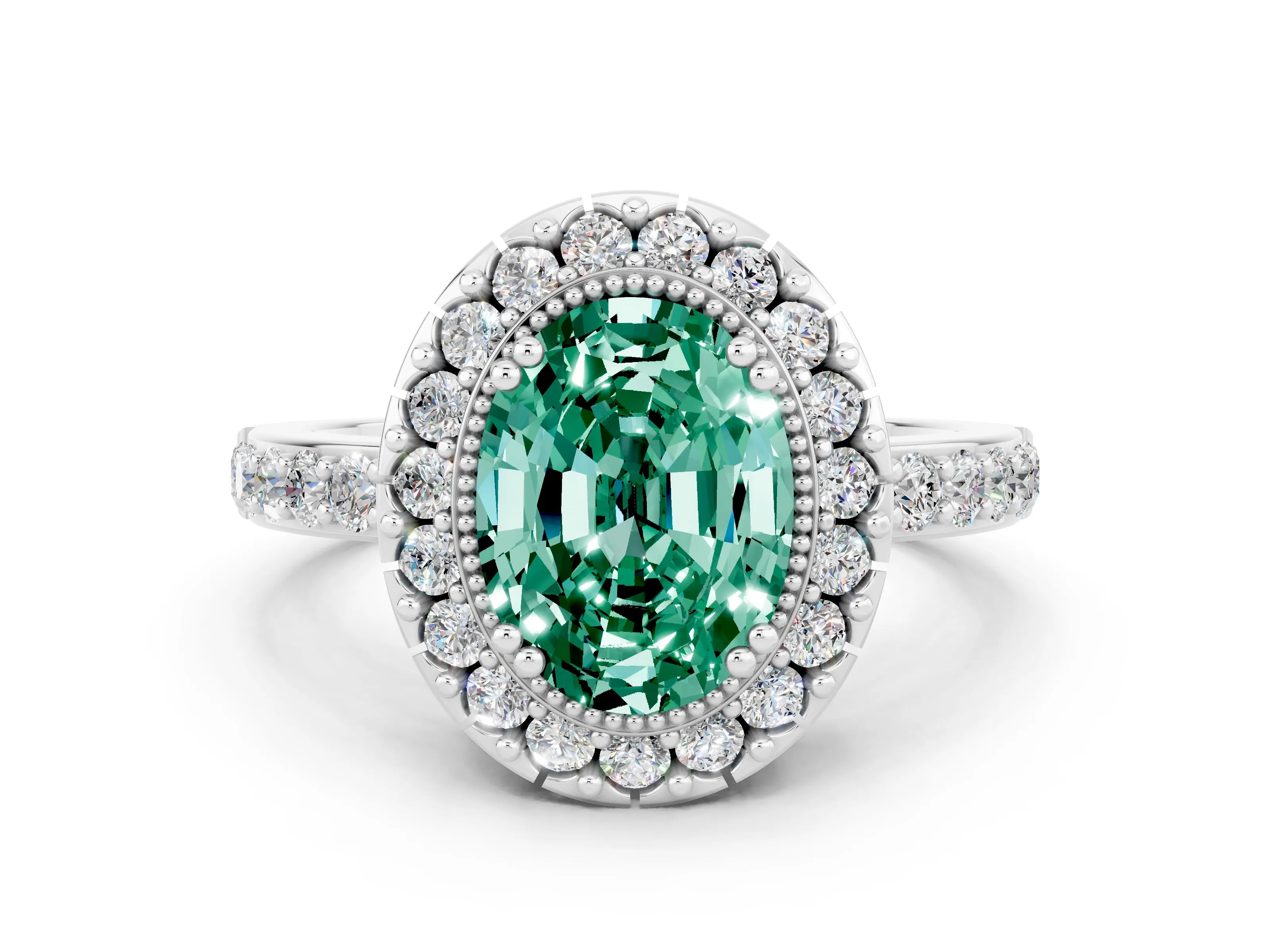 White gold Oval Cut Diamond Halo Ring with Pavé Band and Prong Setting