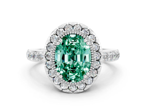 Platinum Oval Cut Green Sapphire Halo Ring with Pavé Band and Prong Setting