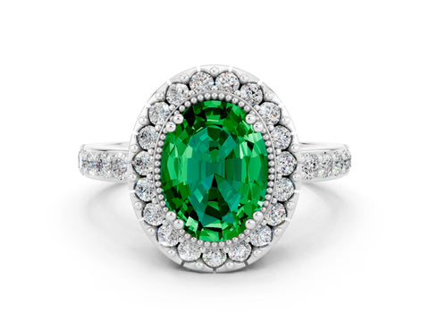 White gold Oval Cut Diamond Halo Ring with Pavé Band and Prong Setting