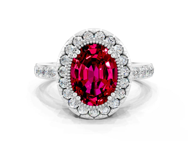 Silver Oval Cut Garnet Halo Ring with Pavé Band and Prong Setting