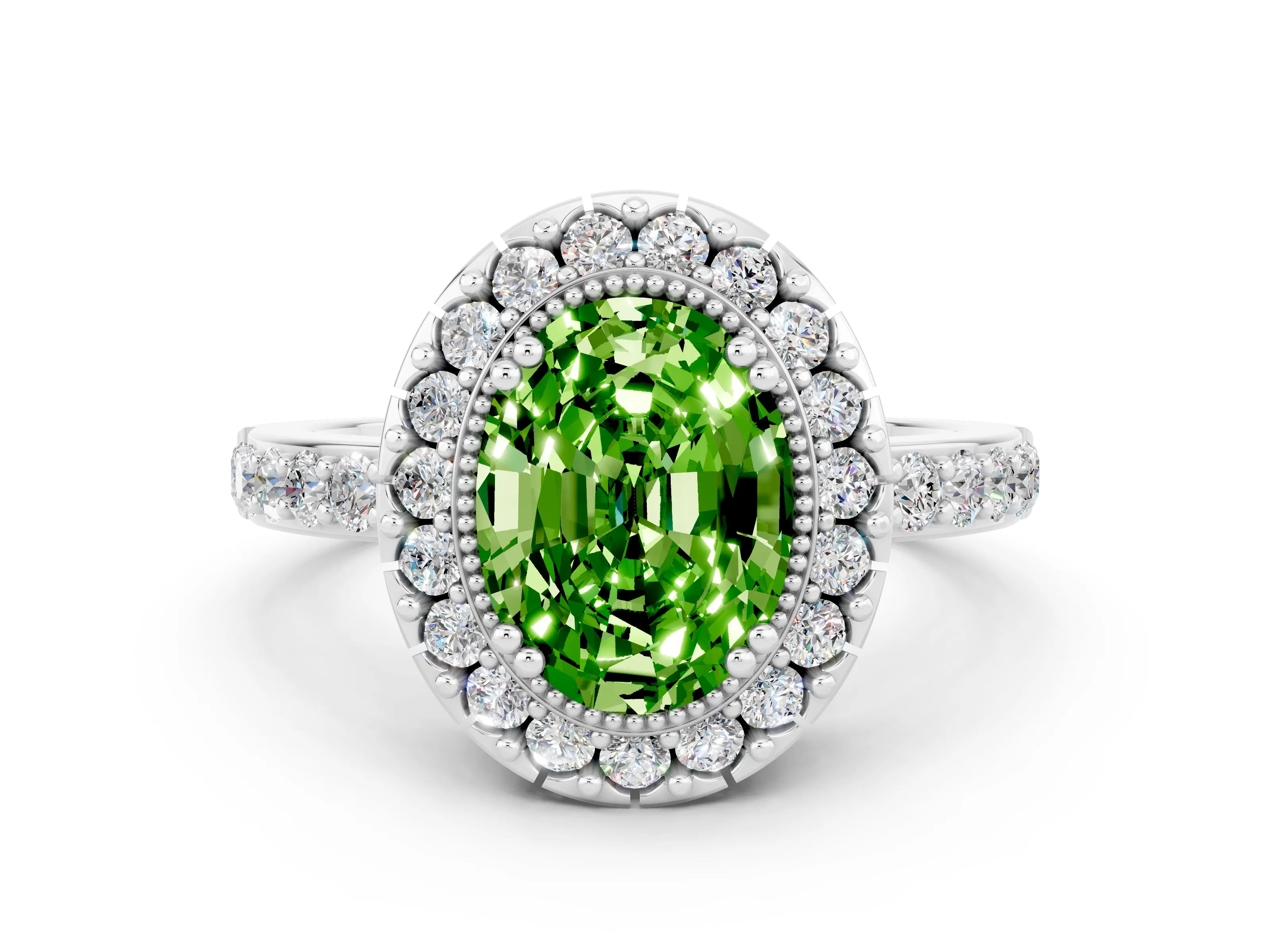 White gold Oval Cut Diamond Halo Ring with Pavé Band and Prong Setting