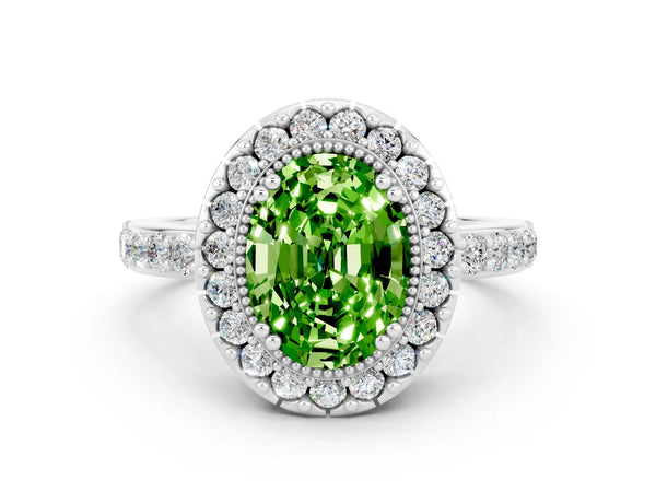 Platinum Oval Cut Peridot Halo Ring with Pavé Band and Prong Setting