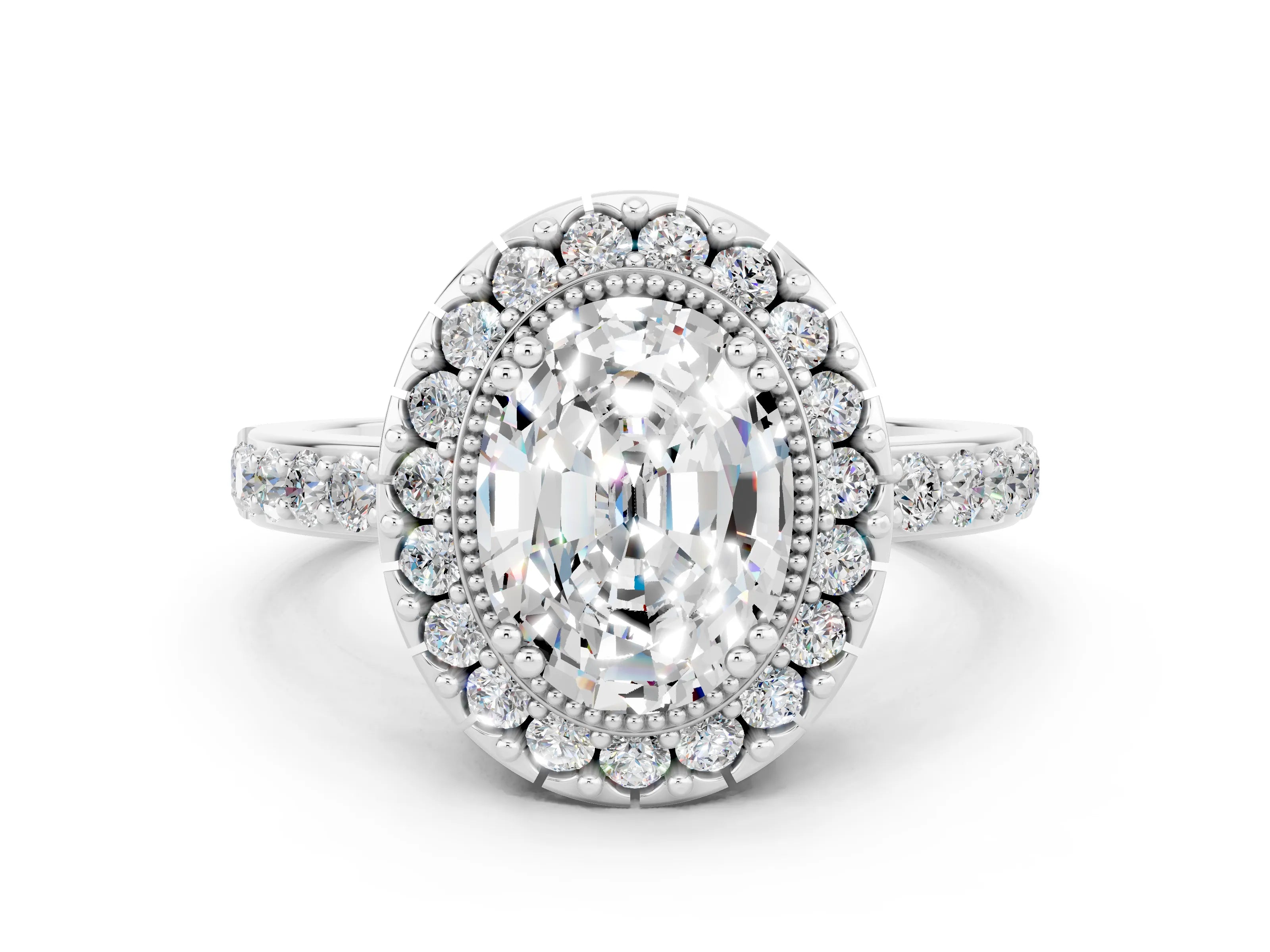 White gold Oval Cut Diamond Halo Ring with Pavé Band and Prong Setting