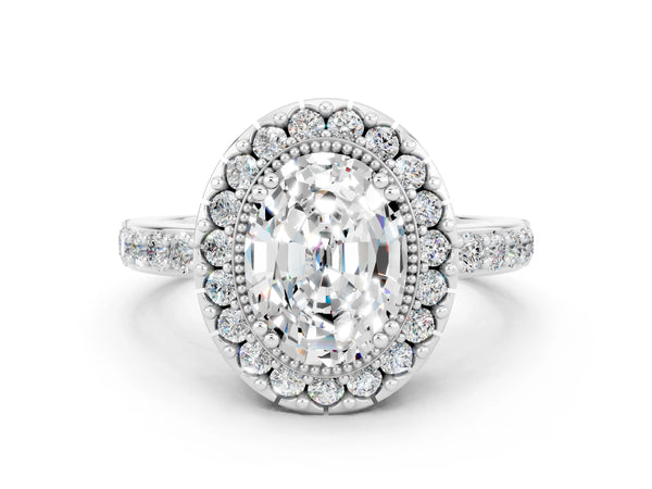Silver Oval Cut Moissanite Halo Ring with Pavé Band and Prong Setting