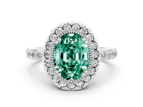 White gold Oval Cut Diamond Halo Ring with Pavé Band and Prong Setting