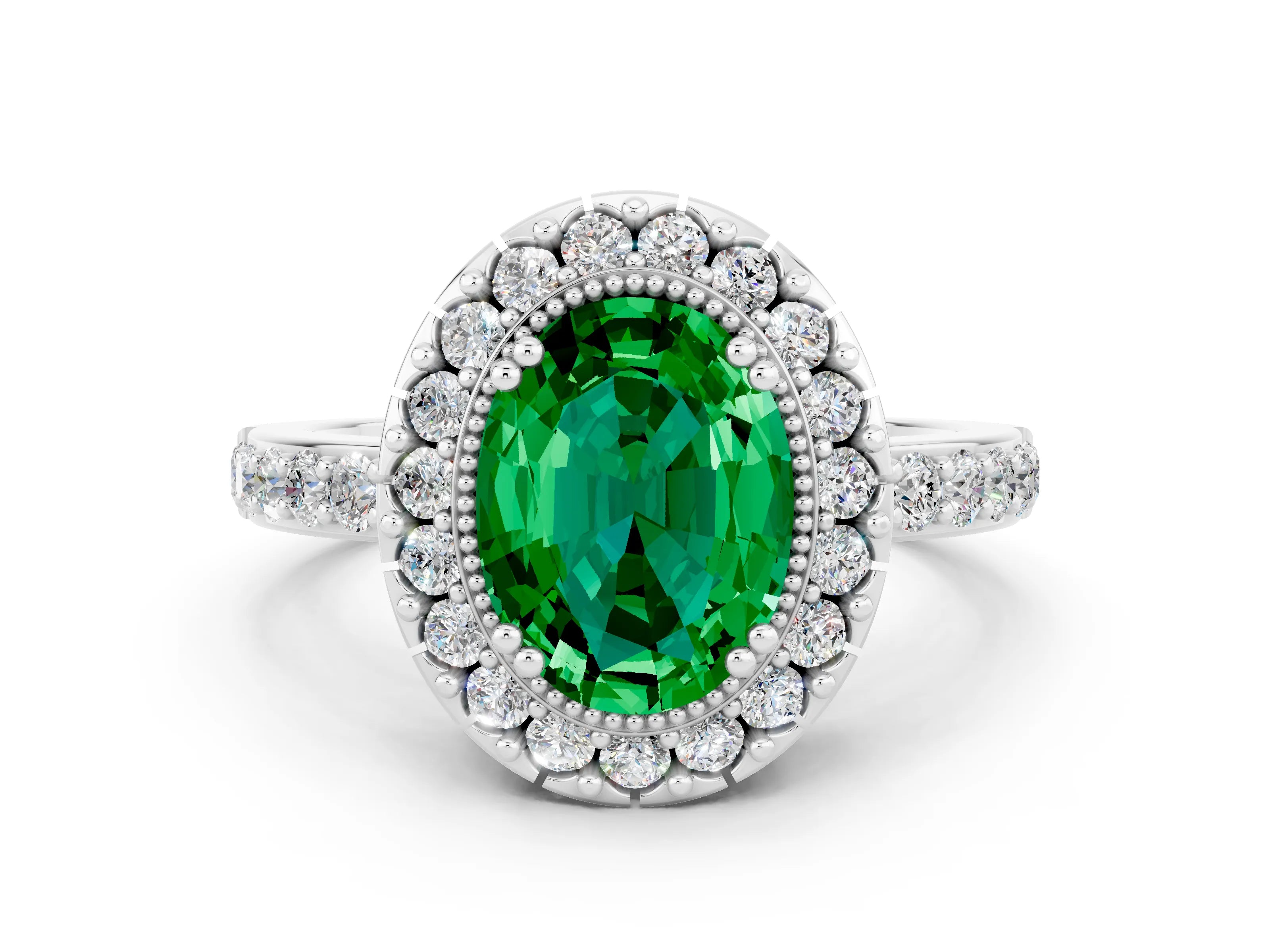 White gold Oval Cut Diamond Halo Ring with Pavé Band and Prong Setting