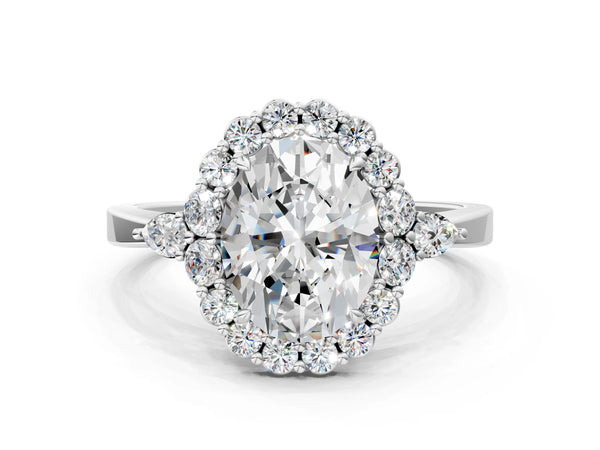 White gold Oval Cut Diamond Halo Ring with Pear Side Stones and Prong Setting