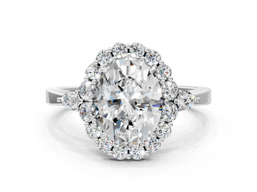 White gold Oval Cut Diamond Halo Ring with Pear Side Stones and Prong Setting