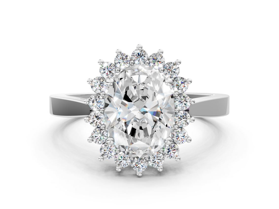 White gold Oval Cut Diamond Halo Ring with Round Brilliant Halo and Solitaire Band_111