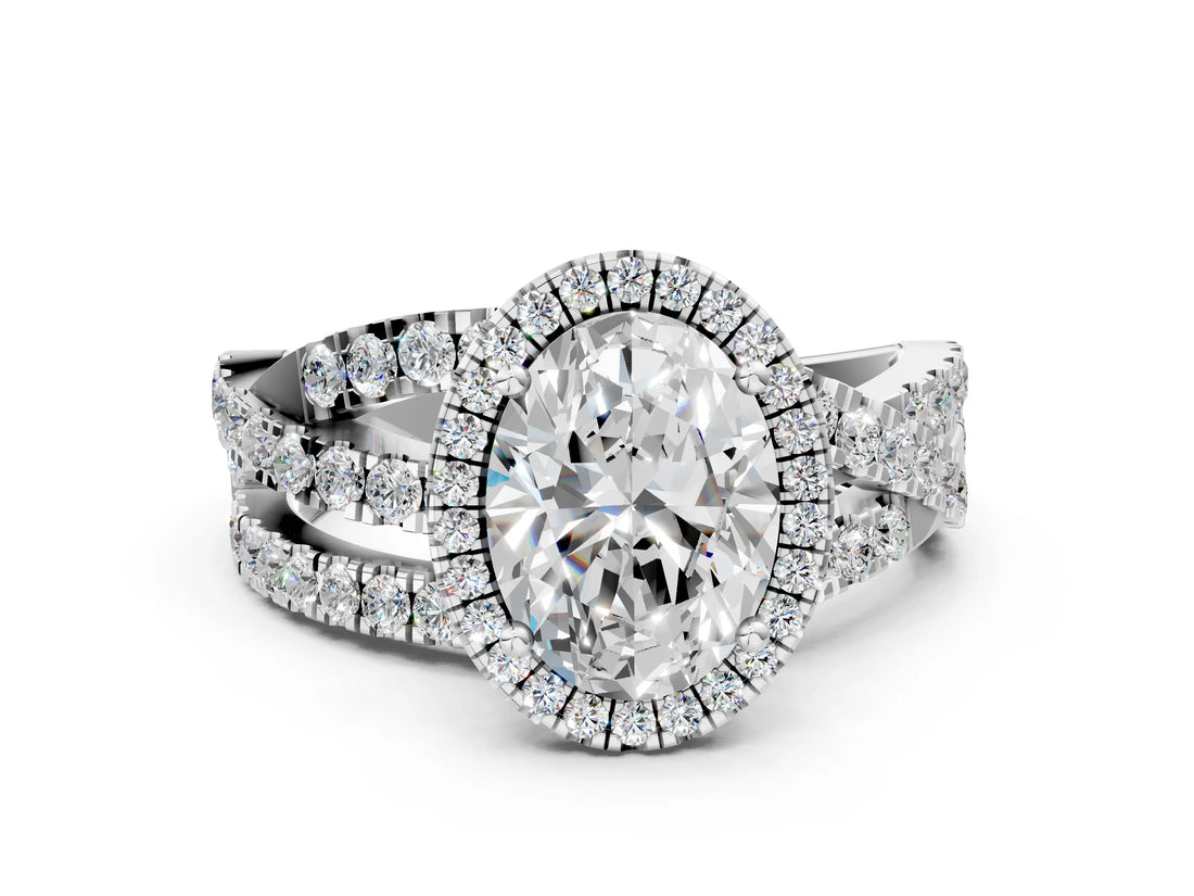 White gold Oval Cut Diamond Halo Ring with Round Split Shank and Prong Setting_18