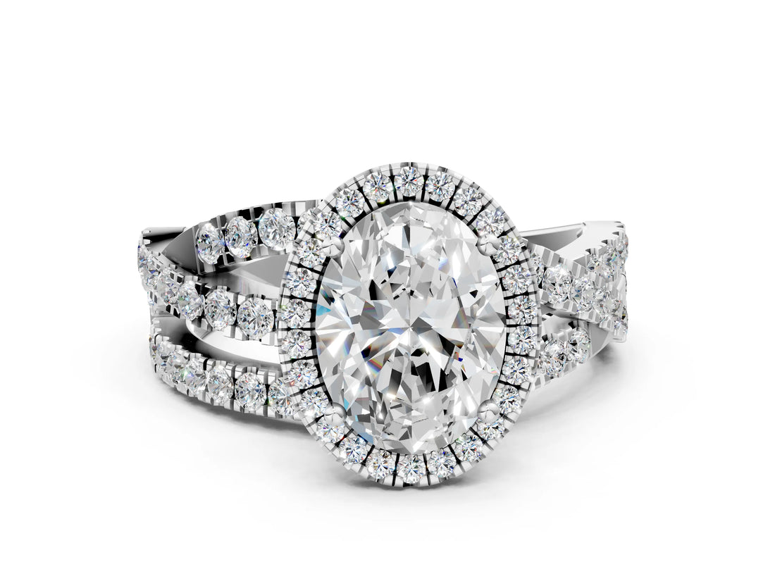 White gold Oval Cut Diamond Halo Ring with Round Split Shank and Prong Setting_66