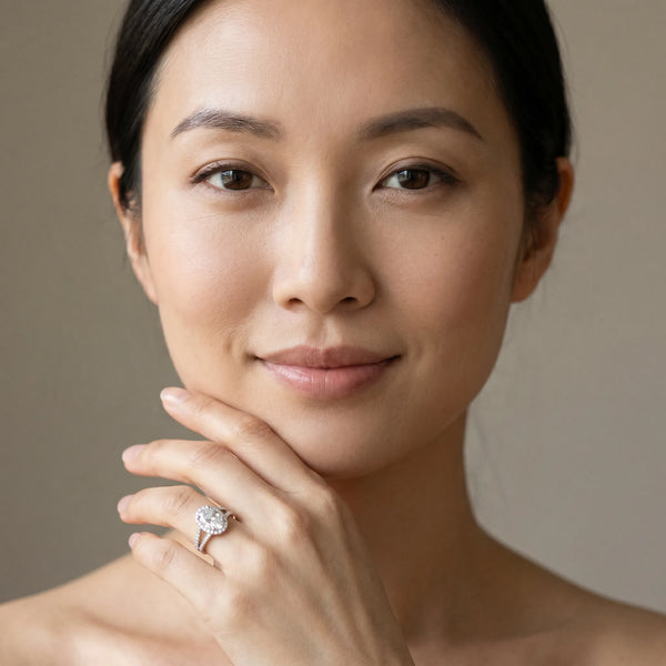 White gold Oval Cut Diamond Halo Ring with Split Shank U-Prong Band and Four-Prong Setting