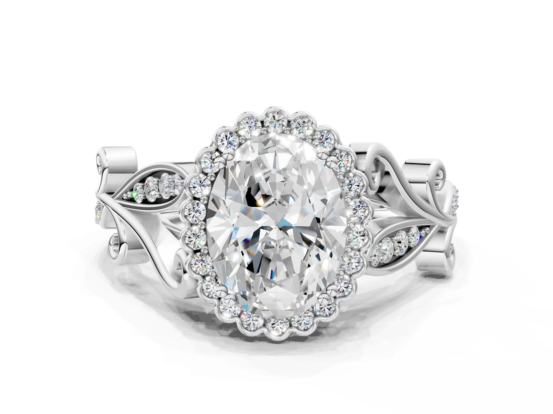 White gold Oval Cut Diamond Halo Ring with Vintage Split Shank and Four-Prong Setting_49