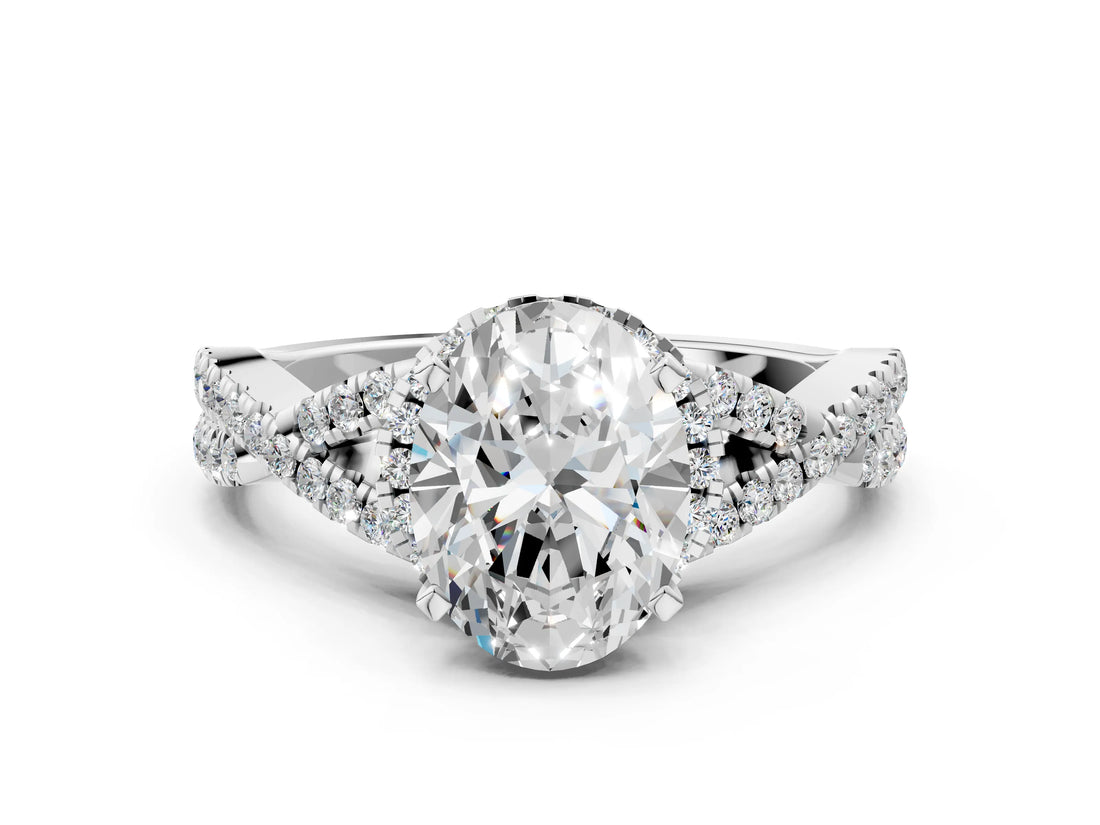 White gold Oval Cut Diamond  Halo Twist Band Solitaire Prong Setting Ring_131