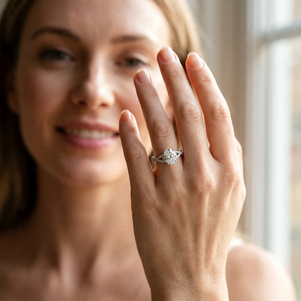 White gold Oval Cut Diamond  Halo Twist Band Solitaire Prong Setting Ring
