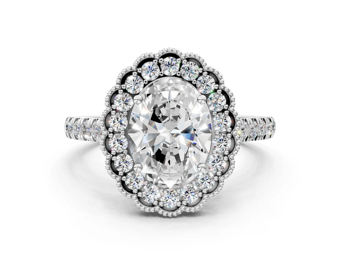 White gold Oval Cut Diamond Milgrain Floral Halo Engagement Ring with Pavé Band_21