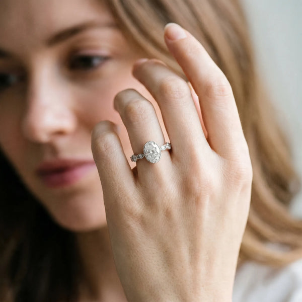 White gold Oval Cut Diamond Milgrain Marquise Band with Prong Setting