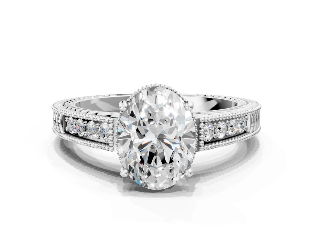 White gold Oval Cut Diamond Milgrain Pave Band Four-Prong Setting Ring_33