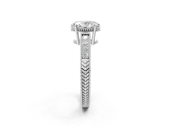 White gold Oval Cut Diamond Milgrain Pave Band Four-Prong Setting Ring