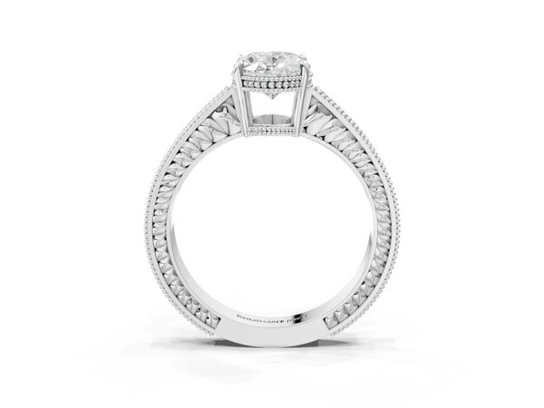 White gold Oval Cut Diamond Milgrain Pave Band Four-Prong Setting Ring