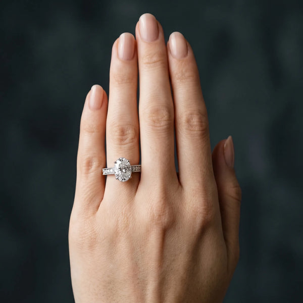 White gold Oval Cut Diamond Milgrain Pave Band Four-Prong Setting Ring