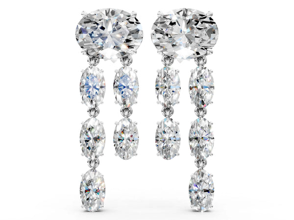 Silver Oval Cut Diamond Multi-Row Drop Earrings