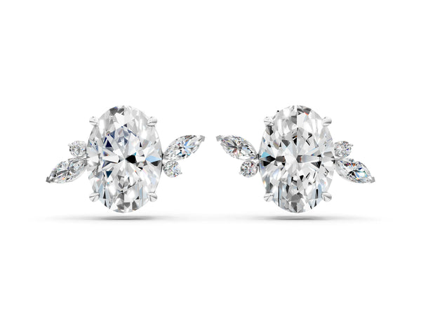 Silver Oval Cut Diamond Nature-Inspired Stud Earrings with Marquise and Round Accents