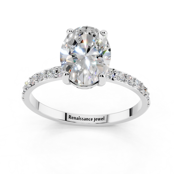 14K White Gold 1.10 Carat E VS1 Oval Cut Diamond Pavé Band Solitaire Ring with Four-Prong Setting