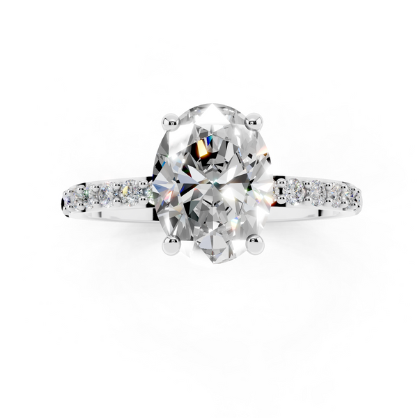 14K White Gold 1.10 Carat E VS1 Oval Cut Diamond Pavé Band Solitaire Ring with Four-Prong Setting