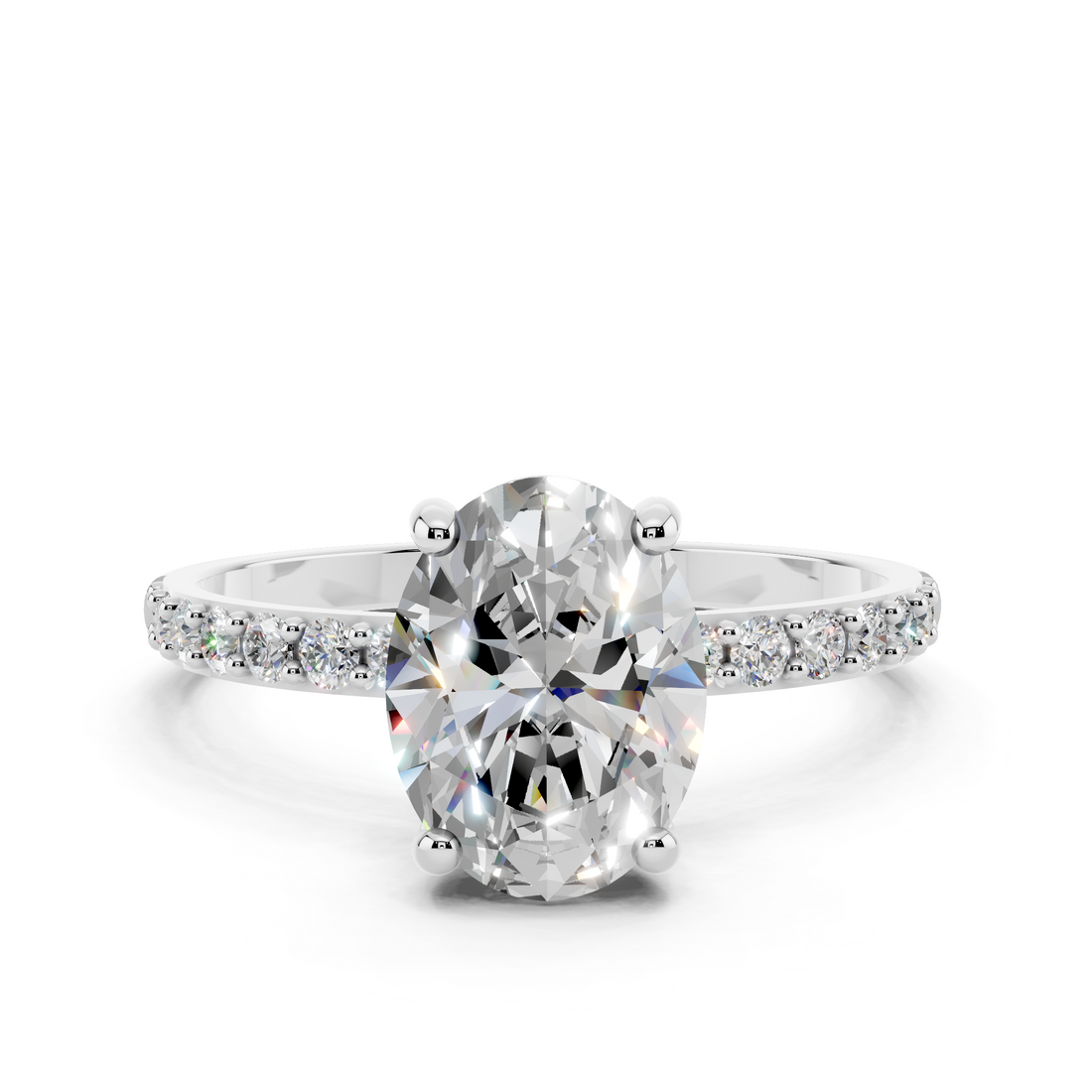 14K White Gold 1.10 Carat E VS1 Oval Cut Diamond Pavé Band Solitaire Ring with Four-Prong Setting
