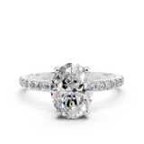 14K White Gold 1.10 Carat E VS1 Oval Cut Diamond Pavé Band Solitaire Ring with Four-Prong Setting