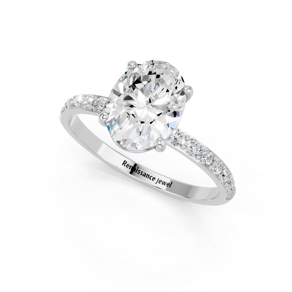 14K White Gold 1.06 Carat E VVS1 Oval Cut Diamond Pavé Band Solitaire Ring with Four-Prong Setting