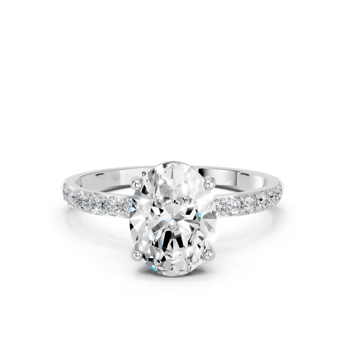 10K White Gold 4.04 Carat D VS1 Oval Cut Diamond Pavé Band Solitaire Ring with Four-Prong Setting