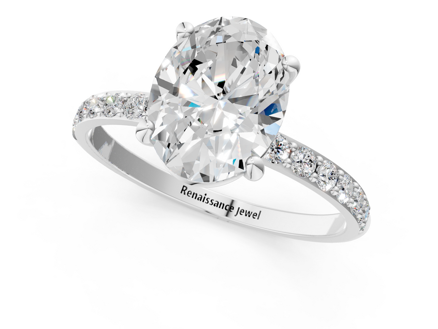 White gold Oval Cut Diamond Pavé Band Solitaire Ring with Four-Prong Setting