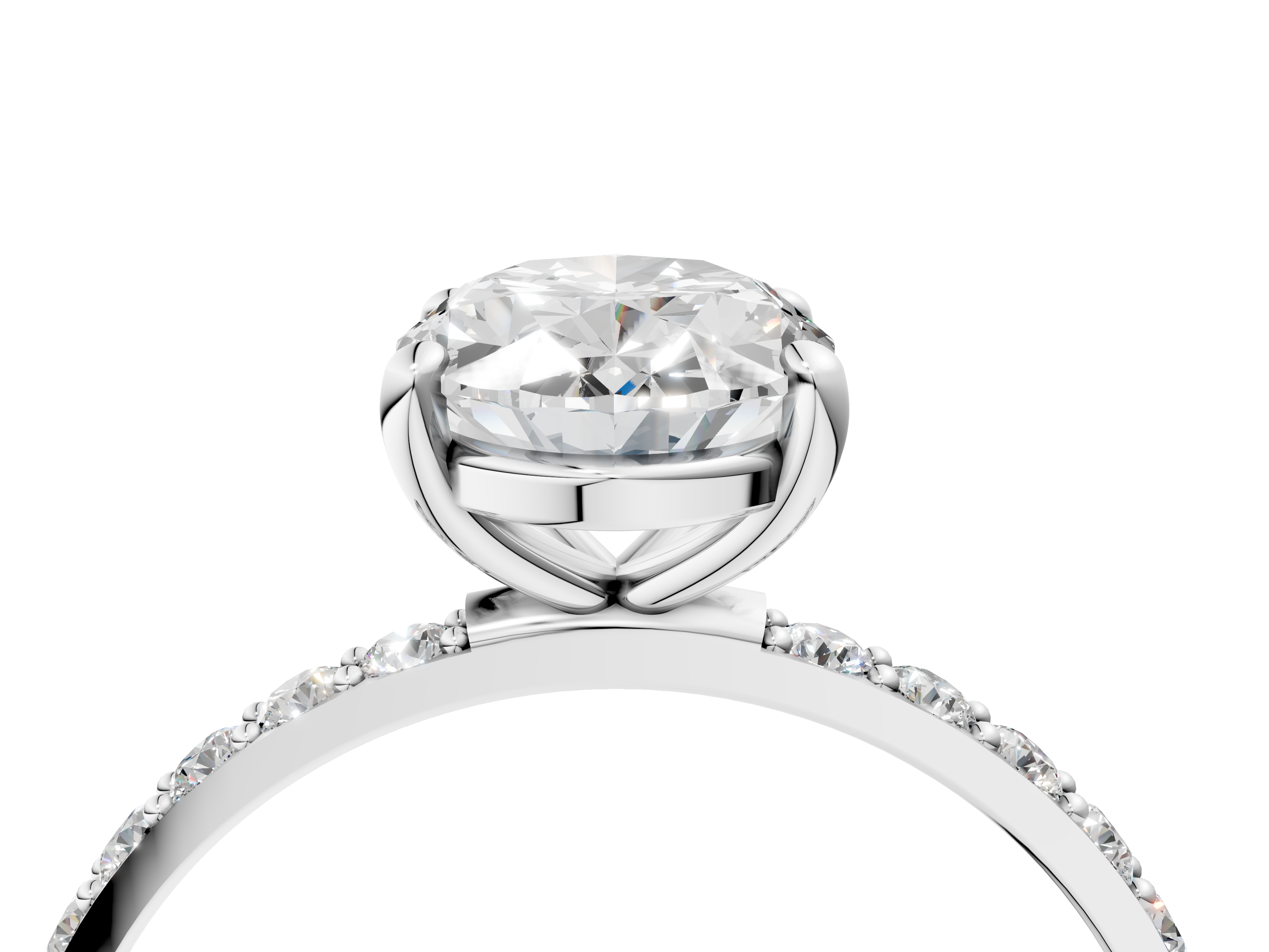 White gold Oval Cut Diamond Pavé Band Solitaire Ring with Four-Prong Setting_311