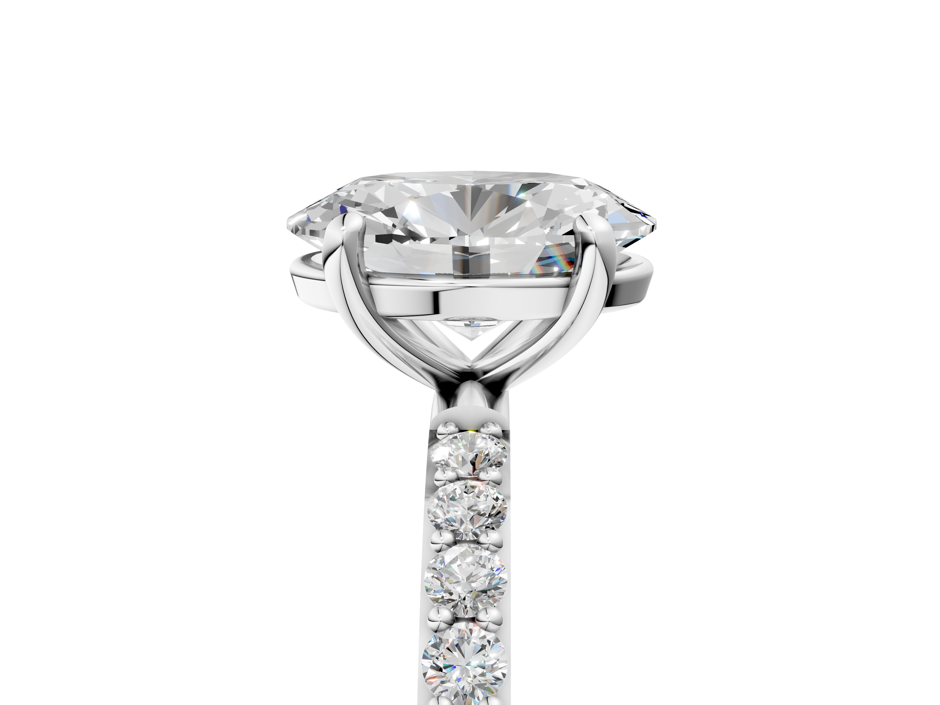 White gold Oval Cut Diamond Pavé Band Solitaire Ring with Four-Prong Setting_312