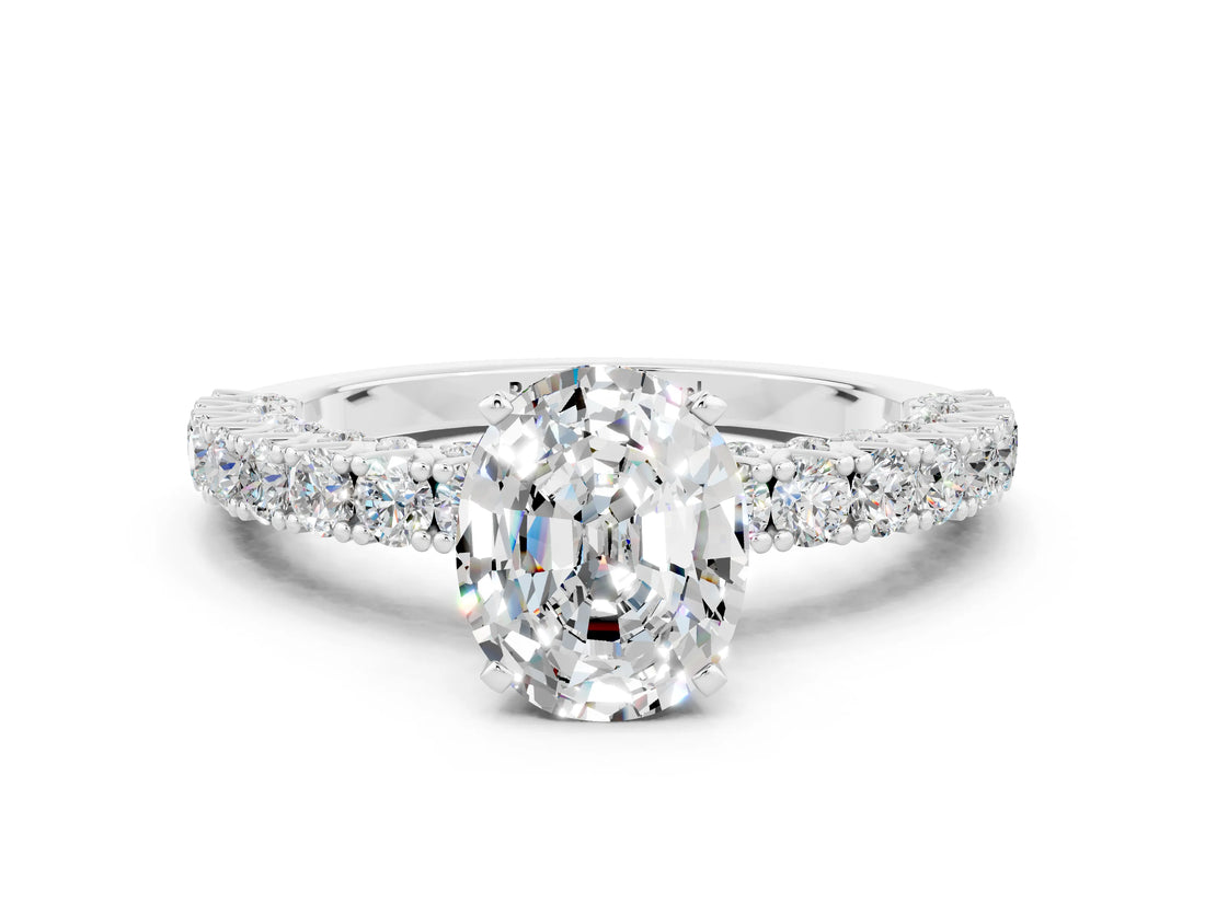White gold Oval Cut Diamond Pavé Band Solitaire Ring with Prong Setting