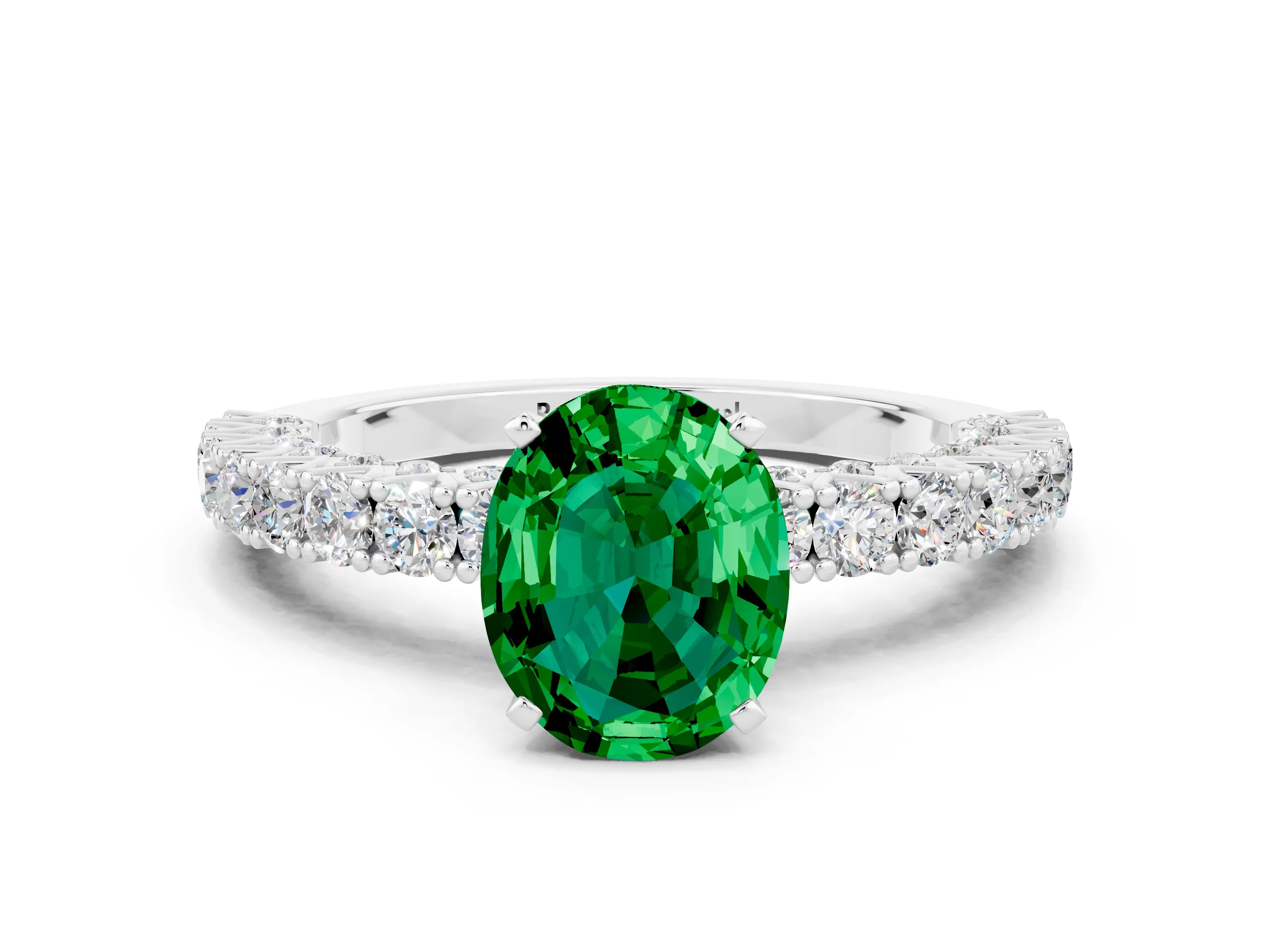 White gold Oval Cut Diamond Pavé Band Solitaire Ring with Prong Setting