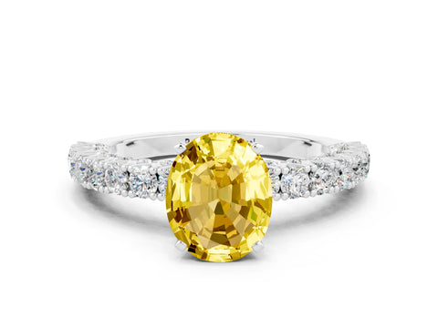 White gold Oval Cut Diamond Pavé Band Solitaire Ring with Prong Setting